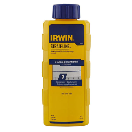 Front view of an 8 oz yellow bottle of IRWIN STRAIT-LINE Blue Marking Chalk, highlighting its standard permanency rating and high-visibility blue pigment for professional layout snapping.