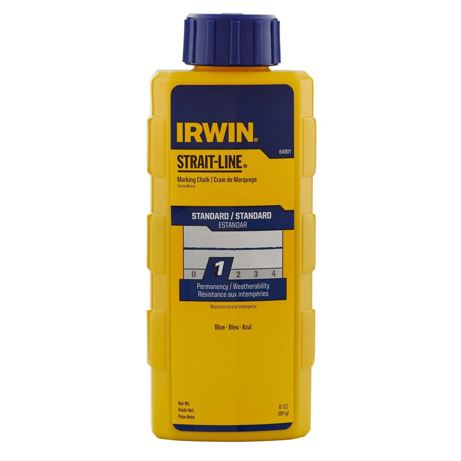 Front view of an 8 oz yellow bottle of IRWIN STRAIT-LINE Blue Marking Chalk, highlighting its standard permanency rating and high-visibility blue pigment for professional layout snapping.