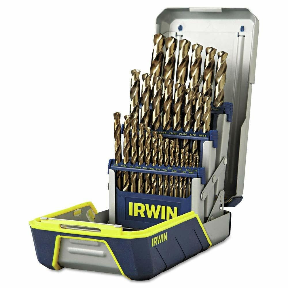 Open IRWIN drill bit case showing 29 cobalt bits arranged by size. Smaller bits are positioned in front, larger ones in back. The blue plastic case features a hinged lid and secure slots for each bit, designed for easy access and transport.