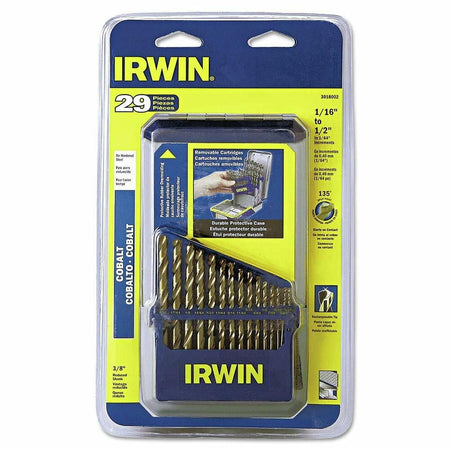 Front view of IRWIN 29-piece cobalt drill bit set in retail packaging. Text highlights 1/16" to 1/2" sizes in 1/64" increments, 135° split point tips, and a removable cartridge for jobsite portability. Case is designed for durability and organization.