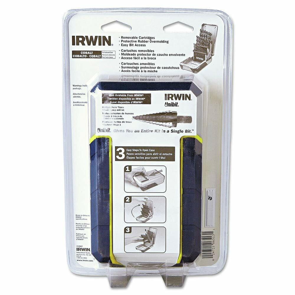 Packaged IRWIN Unibit Cobalt Step Drill Bit Kit in a clear plastic case. The front highlights features like removable cartridges, rubber overmolding, and cobalt construction. Visual instructions show how to select, drill, and store bits.