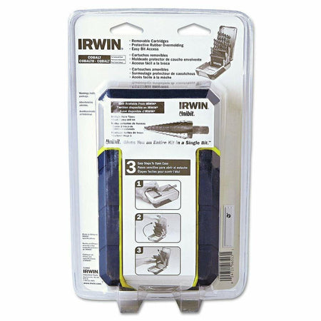 Packaged IRWIN Unibit Cobalt Step Drill Bit Kit in a clear plastic case. The front highlights features like removable cartridges, rubber overmolding, and cobalt construction. Visual instructions show how to select, drill, and store bits.