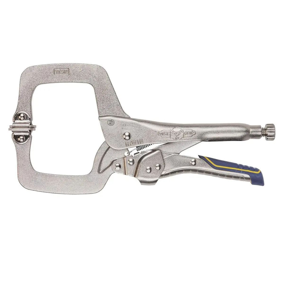  This  image shows an Irwin Locking C-Clamp. You can see the characteristic C-shaped jaw and the locking mechanism with the adjusting screw at the end of the handle. The yellow and blue accents on the handle are also typical of Irwin tools.