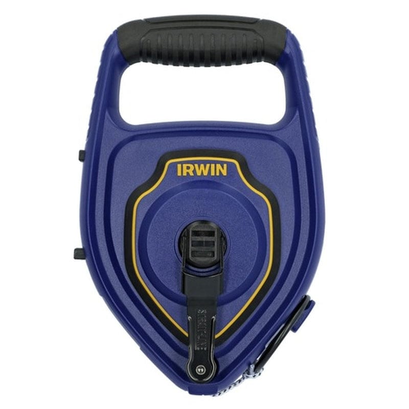 Front view of the IRWIN STRAIT-LINE LAYOUT PRO chalk reel featuring a high-impact blue ABS housing, integrated carry handle with ergonomic rubber grip, and a fold-away steel rewind handle.