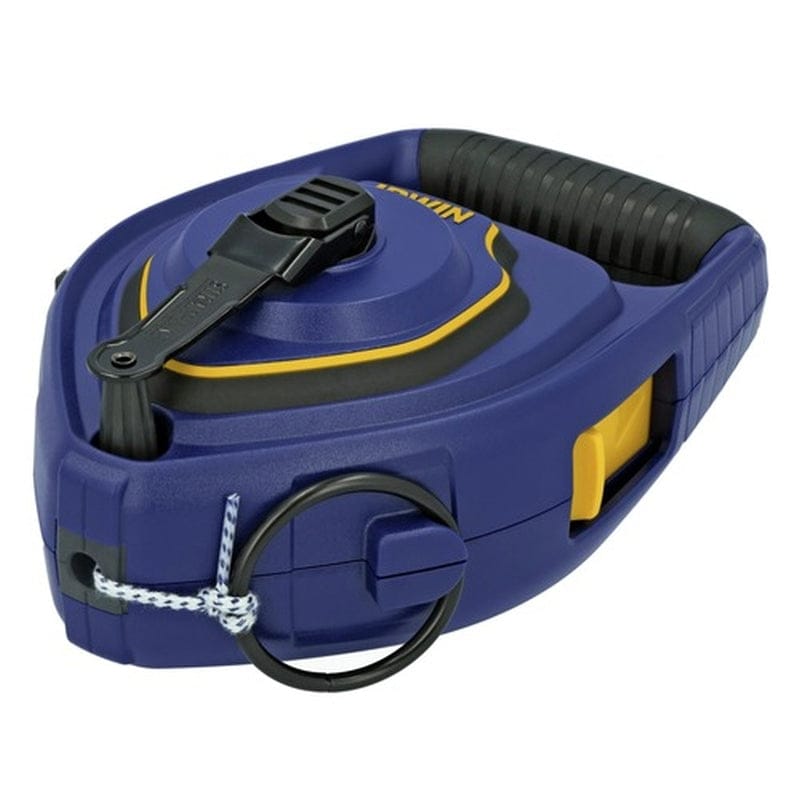 Side perspective of the IRWIN 100-foot chalk reel showcasing the large sliding door for rapid chalk refills and the heavy-duty steel docking ring for secure anchoring during line snaps.