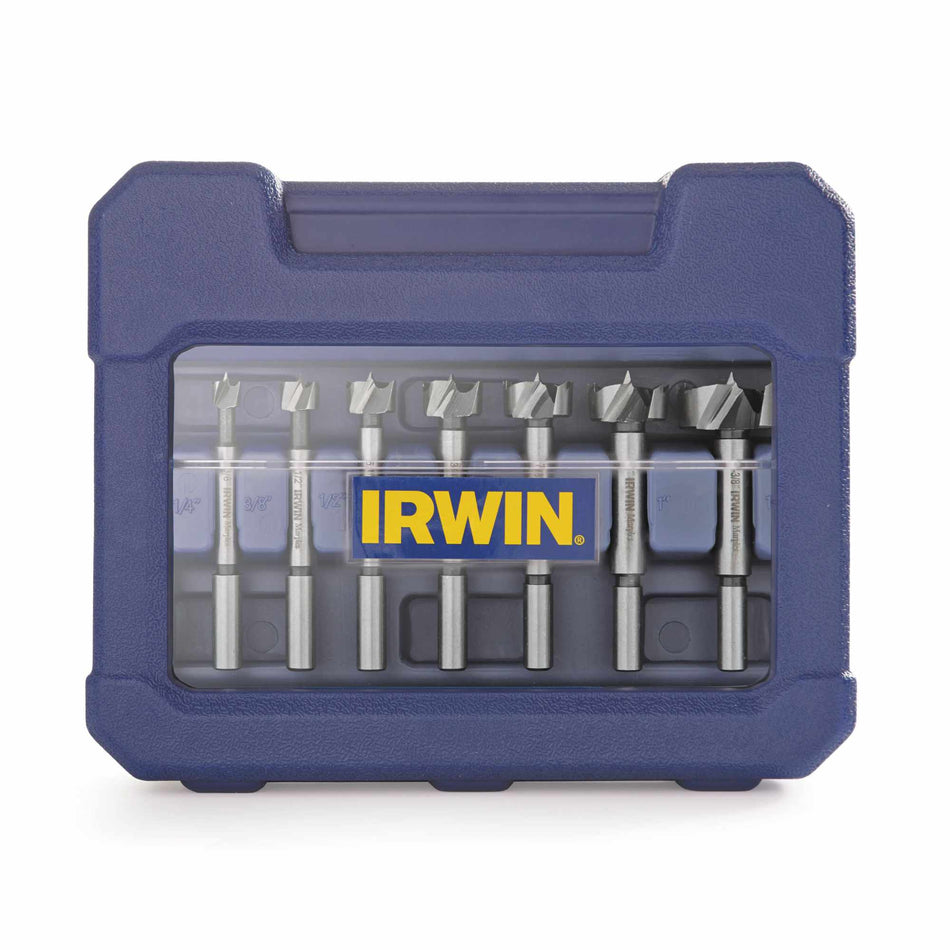 Closed blue carrying case of the IRWIN Marples 8-piece high carbon steel woodboring Forstner drill bit set, featuring a clear window displaying the securely stored bits