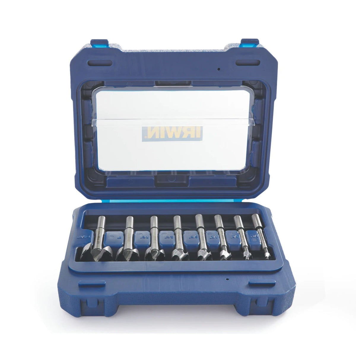 Front view of the open blue storage case revealing the IRWIN Marples 8-piece premium Forstner drill bit set, showing the high carbon steel bits neatly organized by size