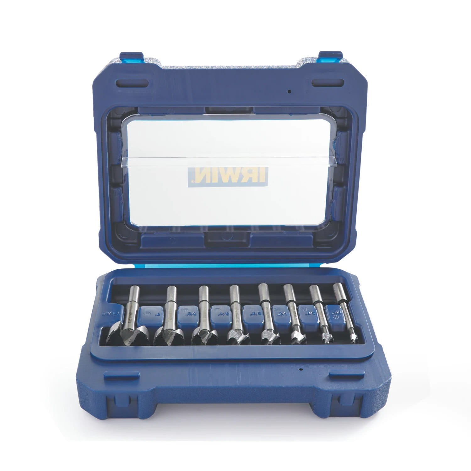 Front view of the open blue storage case revealing the IRWIN Marples 8-piece premium Forstner drill bit set, showing the high carbon steel bits neatly organized by size