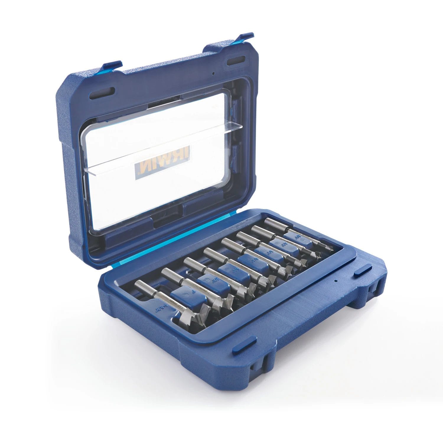 Angled perspective of the open custom-molded blue case, displaying the precision-engineered cutting edges of the IRWIN Marples 8-piece woodboring Forstner bit set
