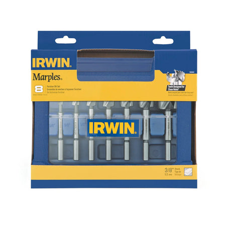 Retail packaging sleeve for the IRWIN Marples 8-piece Forstner drill bit set, highlighting the teeth designed for clean flat-bottom holes and the universal 3/8-inch shank