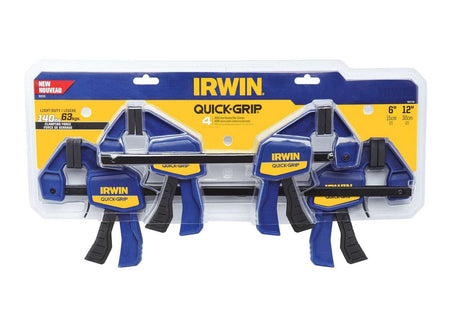 Retail packaging for the IRWIN QUICK-GRIP 4-pack mini bar clamp set, showing two 6-inch and two 12-inch clamps with a total 140 lb clamping force rating