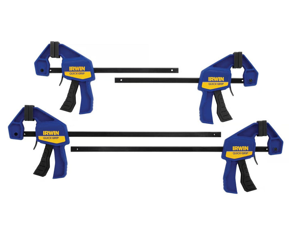 Studio shot of the four IRWIN QUICK-GRIP mini bar clamps (two 6-inch and two 12-inch) shown disassembled with blue handles and black steel bars