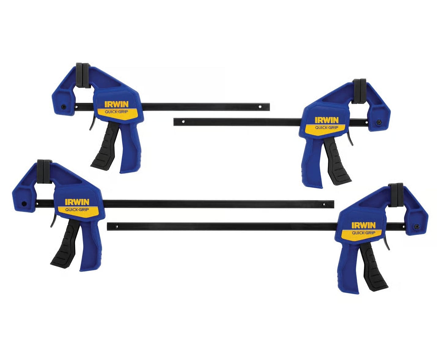 Studio shot of the four IRWIN QUICK-GRIP mini bar clamps (two 6-inch and two 12-inch) shown disassembled with blue handles and black steel bars