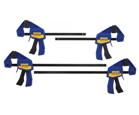 Studio shot of the four IRWIN QUICK-GRIP mini bar clamps (two 6-inch and two 12-inch) shown disassembled with blue handles and black steel bars