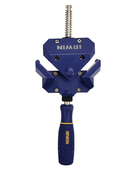 This  image shows an Irwin Quick-Grip 90-Degree Right Angle Clamp. You can clearly see the blue clamp body designed to hold workpieces at a 90-degree angle, the screw mechanism for adjusting the clamping pressure, and the Irwin Quick-Grip handle with the blue and yellow color scheme and "IRWIN" branding.


