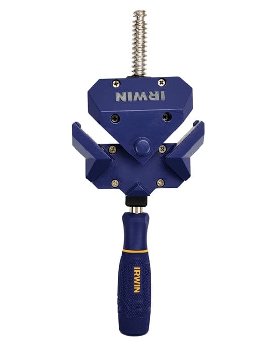 This  image shows an Irwin Quick-Grip 90-Degree Right Angle Clamp. You can clearly see the blue clamp body designed to hold workpieces at a 90-degree angle, the screw mechanism for adjusting the clamping pressure, and the Irwin Quick-Grip handle with the blue and yellow color scheme and "IRWIN" branding.

