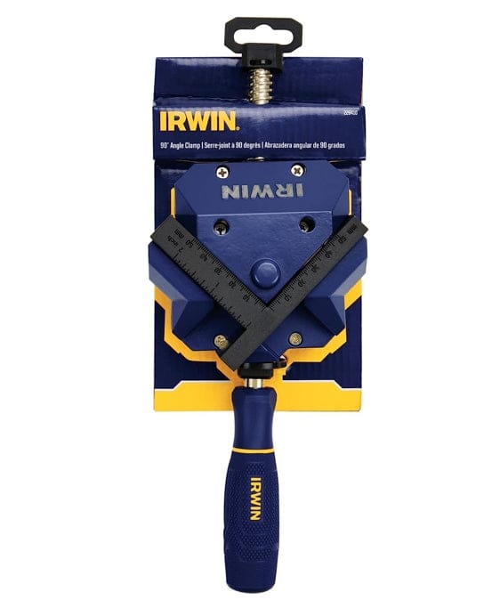  This image shows an Irwin 90° Angle Clamp. The packaging clearly states "IRWIN." and "90° Angle Clamp / Serre-joint à 90 degrés / Abrazadera angular de 90 grados". The clamp itself is blue with the "IRWIN" logo and features a handle with the typical Irwin blue and yellow design. A small square is also shown being held by the clamp to demonstrate its use.