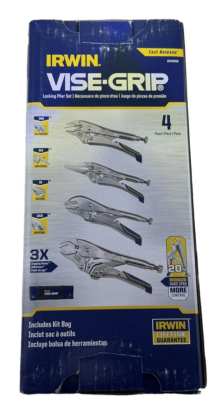 , The image shows a boxed set of Irwin Vise-Grip Locking Pliers. The box clearly displays the "IRWIN. VISE-GRIP." branding and indicates it is a 4-piece set ("4 Piece | Pièce | Pieza"). You can see illustrations of the different types of locking pliers included in the set on the front of the box. The box also mentions "Fast Release" and "Includes Kit Bag".