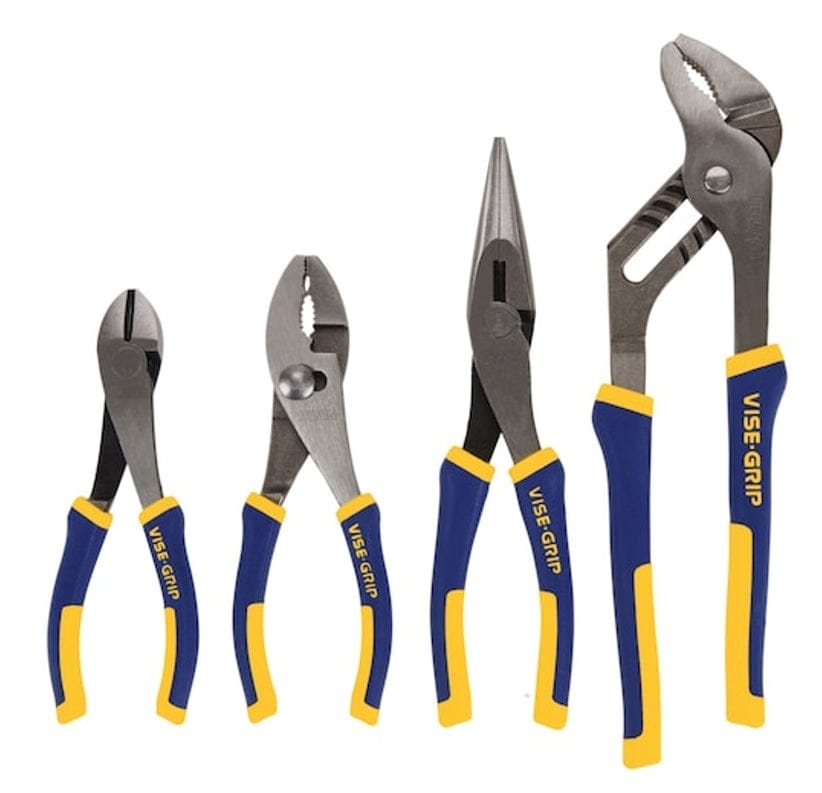 The IRWIN VISE-GRIP 4-piece assorted plier set lined up, showing the diagonal cutting, slip joint, long nose, and groove joint pliers with blue and yellow ProTouch grips