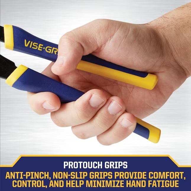 Close-up of a hand gripping the IRWIN VISE-GRIP ProTouch handles, emphasizing the anti-pinch, non-slip design that minimizes hand fatigue