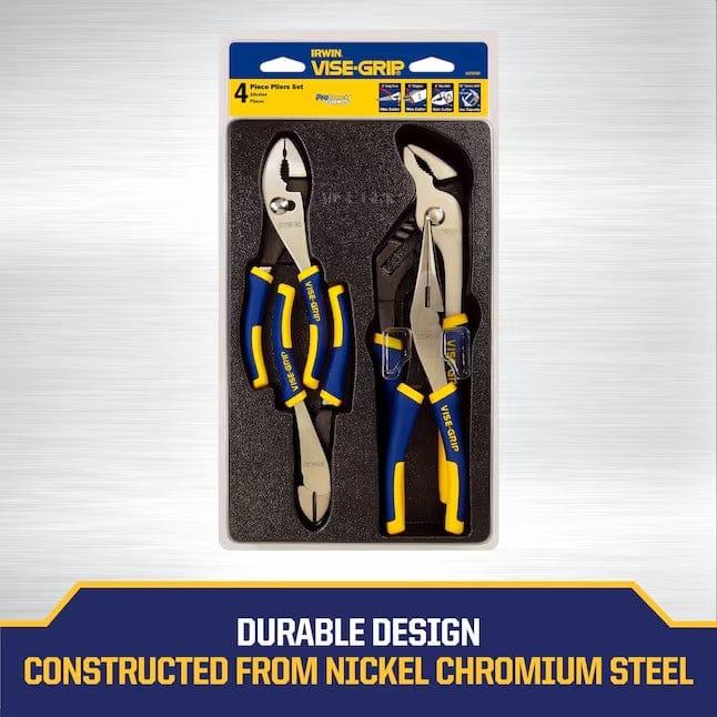 An close up image of the body of an IRWIN VISE-GRIP pliers, with overlaid text that reads "DURABLE DESIGN CONSTRUCTED FROM NICKEL CHROMIUM STEEL"