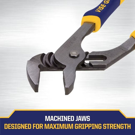 An close up image of the jaws of an IRWIN VISE-GRIP pliers, with overlaid text that reads "MACHINED JAWS DESIGNED FOR MAXIMUM GRIPPING STRENGTH"