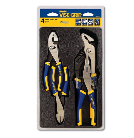 Studio shot of the IRWIN VISE-GRIP 4-piece ProPliers set, neatly arranged in their retail blister packaging for display