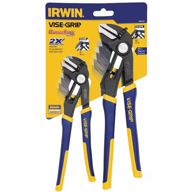 Retail packaging for the IRWIN VISE-GRIP GrooveLock 2-piece tongue and groove plier set, displaying the 8-inch and 10-inch pliers with blue and yellow ProTouch grips, emphasizing the 2X faster adjustment mechanism