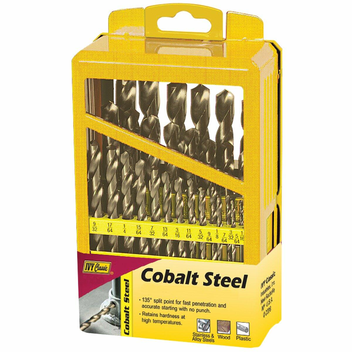 he IVY Classic 29-piece cobalt steel drill bit set organized within its metal index case, shown inside the yellow retail packaging.