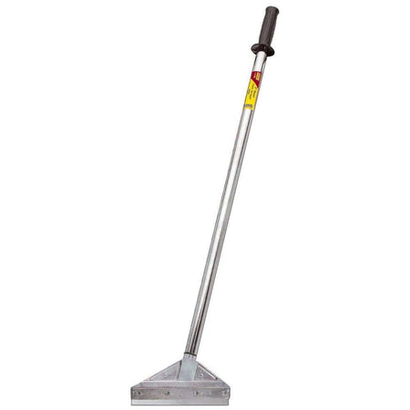 Full studio shot of the IVY Classic 11159 Floor Scraper standing diagonally, featuring a long silver telescoping handle with a black ribbed grip at the top and an 8-inch wide metal scraper head at the base.