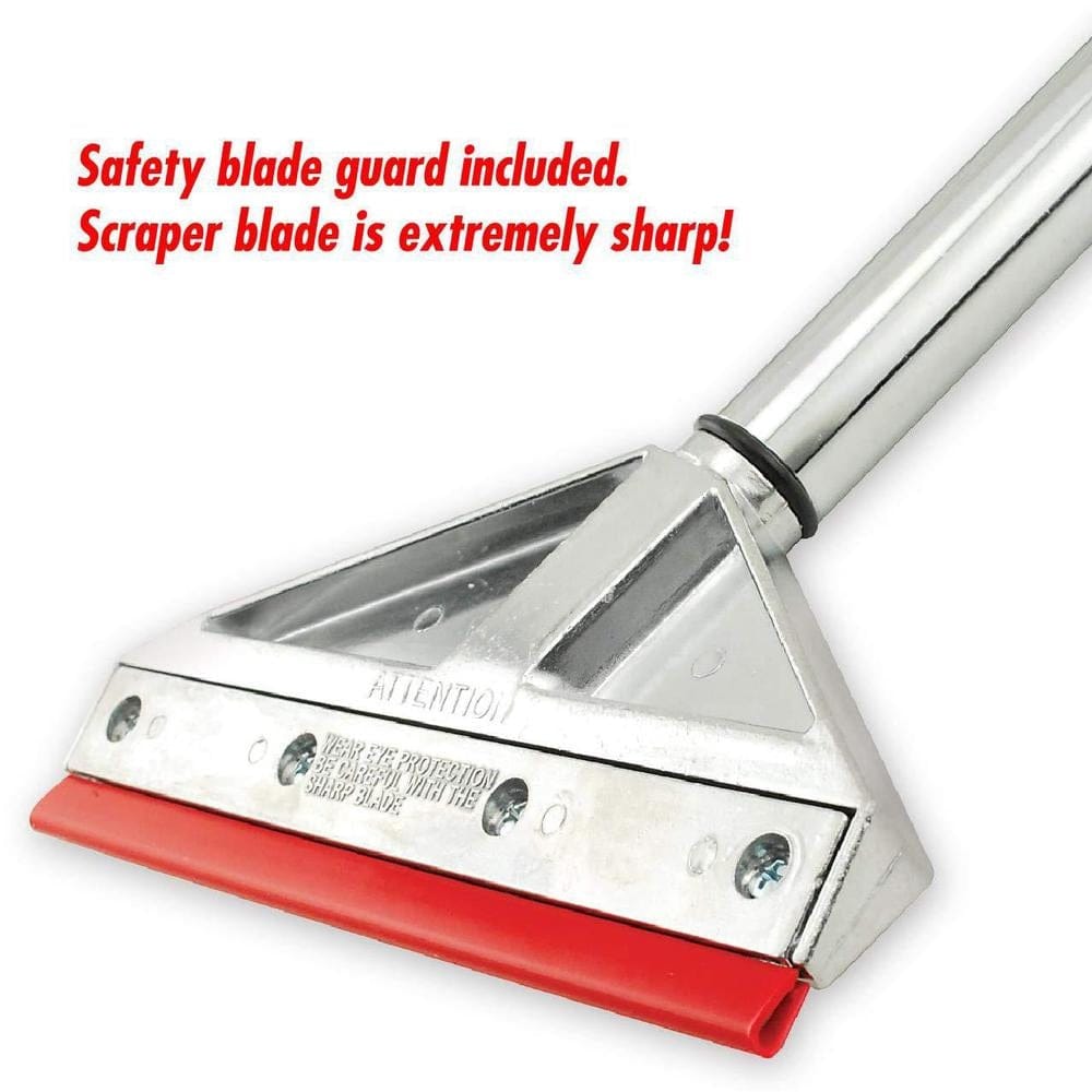Close-up of the scraper head fitted with a red plastic safety guard over the blade edge. Red text overlay indicates "Safety blade guard included. Scraper blade is extremely sharp!".