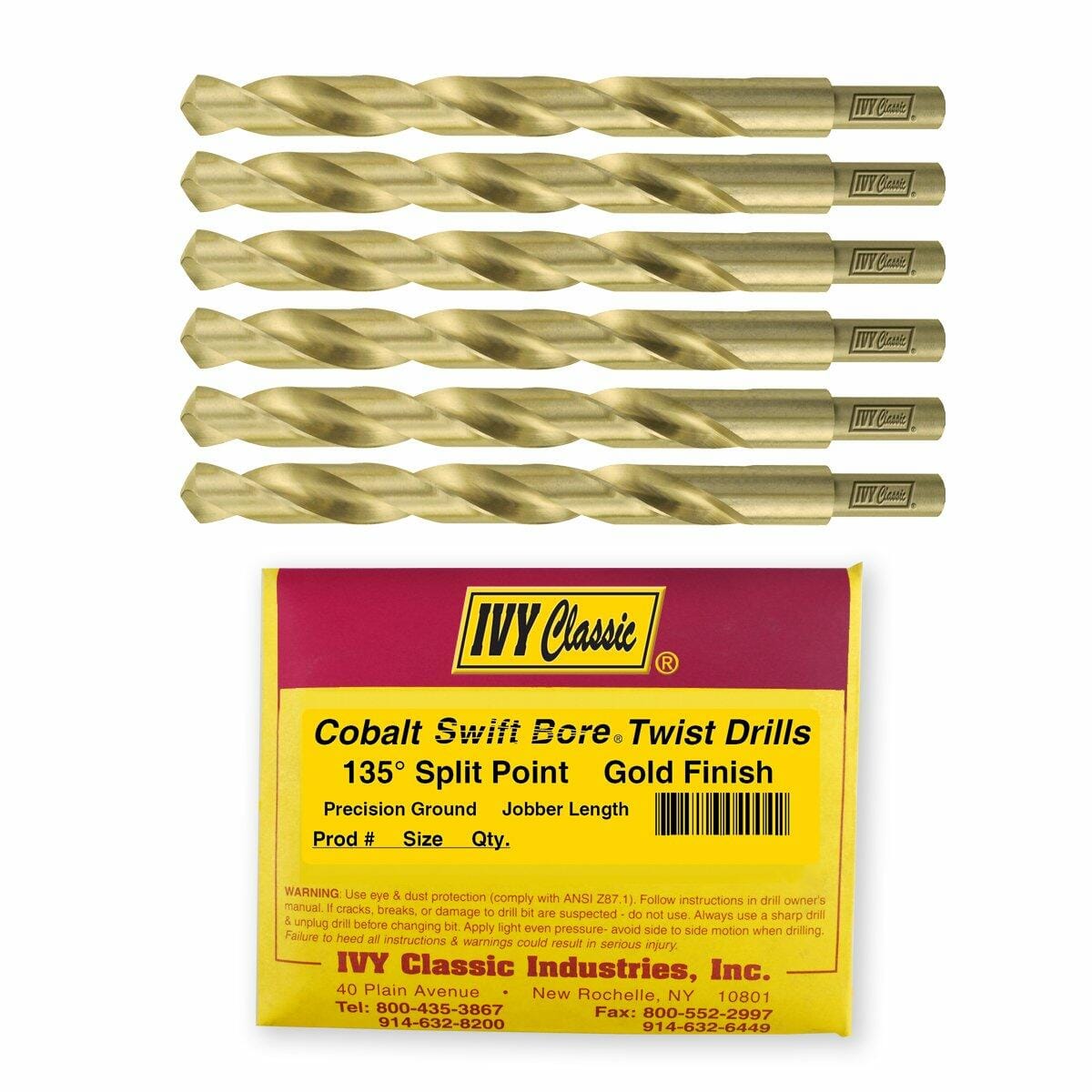 Image showing a set of six gold-finished cobalt steel twist drills lying above the yellow retail packaging card which details the product features.