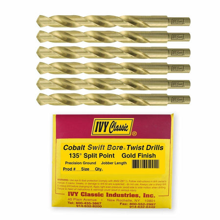 Image showing a set of six gold-finished cobalt steel twist drills lying above the yellow retail packaging card which details the product features.