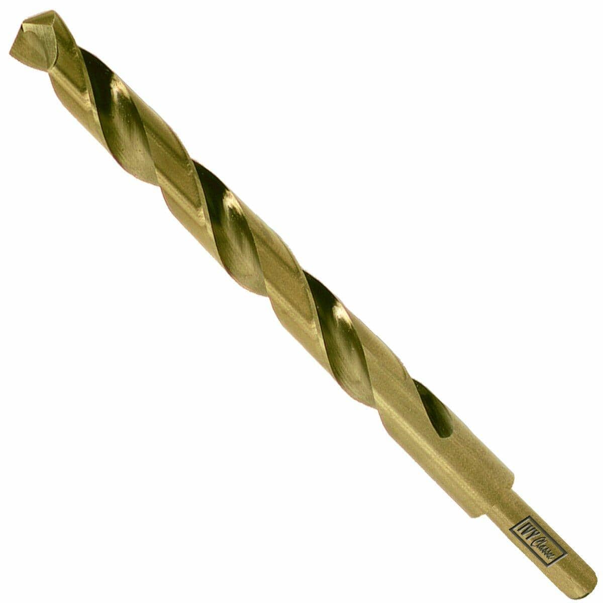 A single 7/16-inch gold-finished cobalt steel jobber length drill bit, showing the flute, the 135-degree split point, and the reduced 3/8-inch shank with the IVY Classic logo