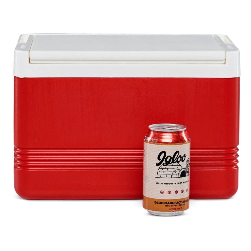 Igloo Legend cooler in Diablo Red shown with a soda can labeled “Igloo” placed in front for scale. Highlights cooler’s compact size and promotional branding.