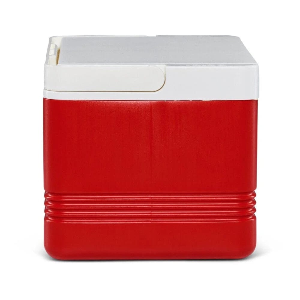 Igloo Legend cooler with integrated handle and white hinged lid. Red body features horizontal ridges for durability. Designed for storing food and drinks on the go.