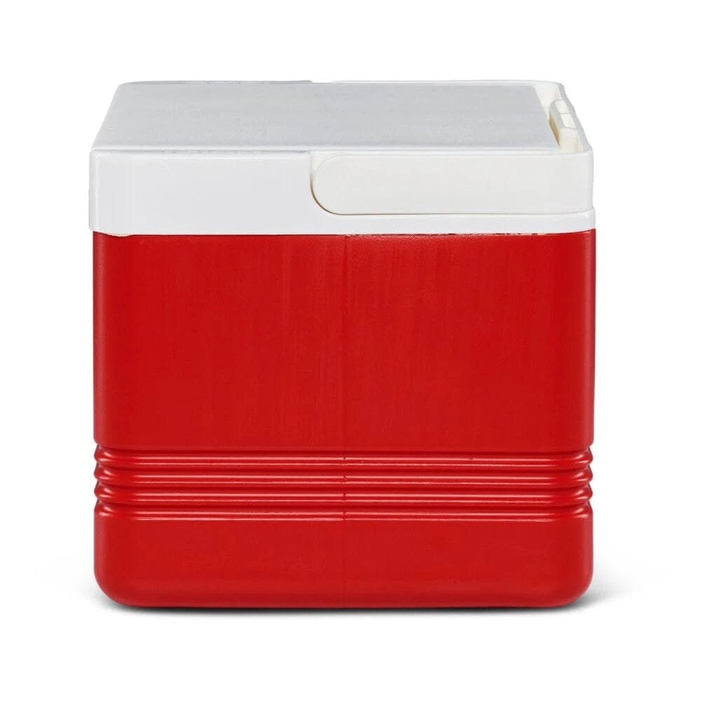 Igloo Legend cooler in Diablo Red with white lid. Horizontal ridges near the bottom provide grip and structure. Compact design ideal for travel and outdoor use.