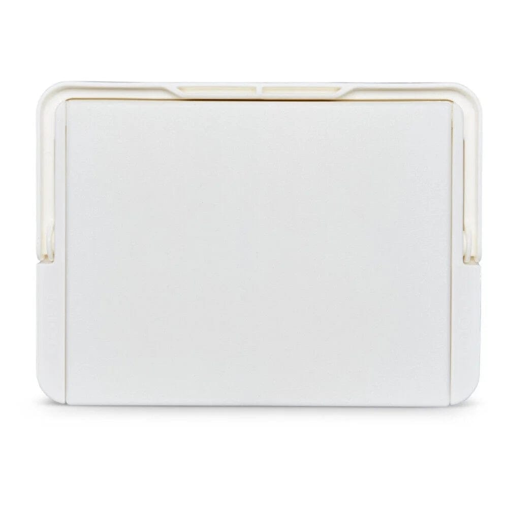 White lid of Igloo Legend cooler shown closed. Smooth surface with rounded edges and subtle grooves, designed for reversible use as a tray and cup holder.