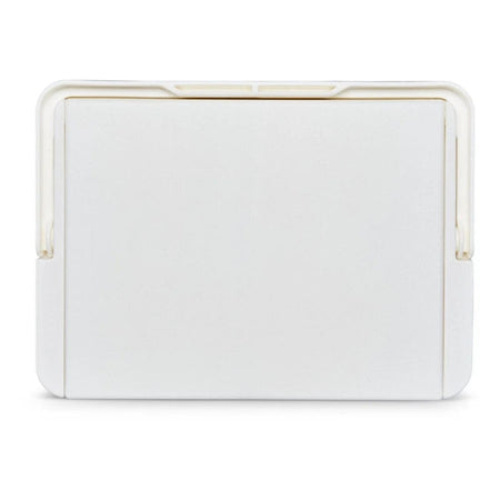 White lid of Igloo Legend cooler shown closed. Smooth surface with rounded edges and subtle grooves, designed for reversible use as a tray and cup holder.