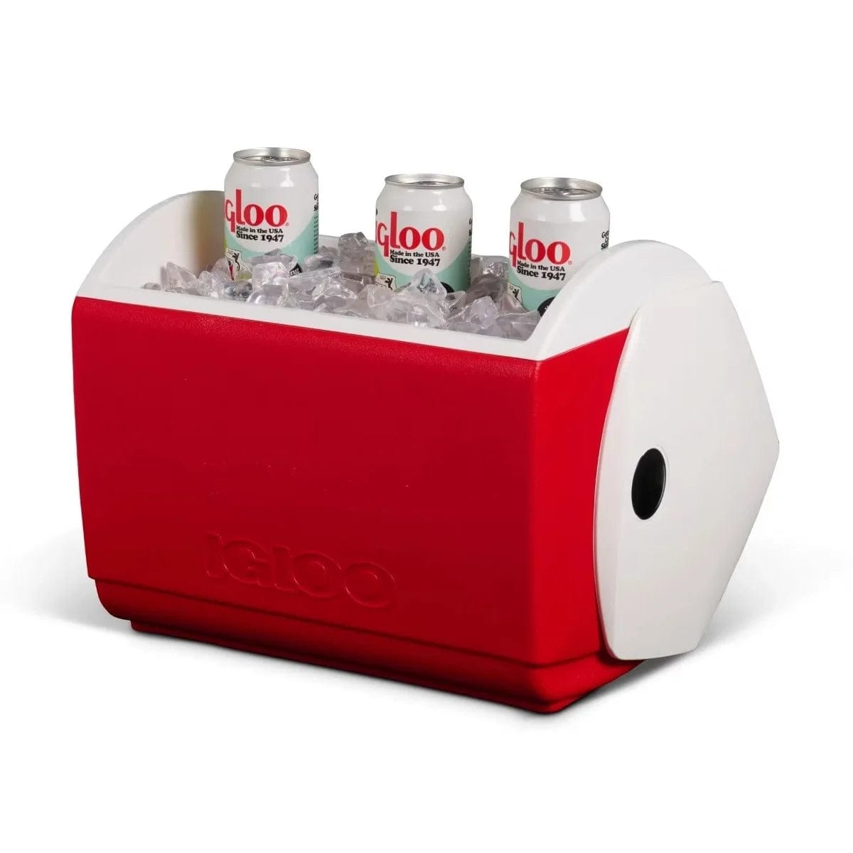 Igloo Playmate Elite Ultra cooler in red and white, filled with ice and three upright Igloo-branded beverage cans. Cooler features side panel with black circular detail and tent-top lid design.