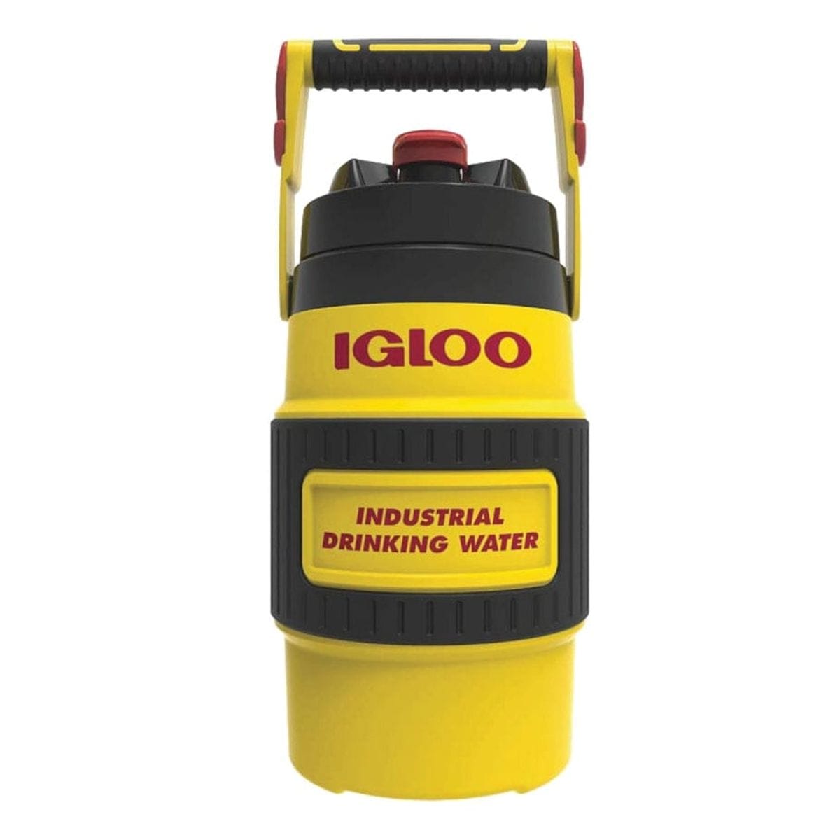 A high-visibility yellow and black beverage jug with red accents, featuring a sturdy swing-up handle, a flip-top spout, and the Igloo logo prominently displayed on the front.