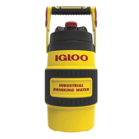 A high-visibility yellow and black beverage jug with red accents, featuring a sturdy swing-up handle, a flip-top spout, and the Igloo logo prominently displayed on the front.