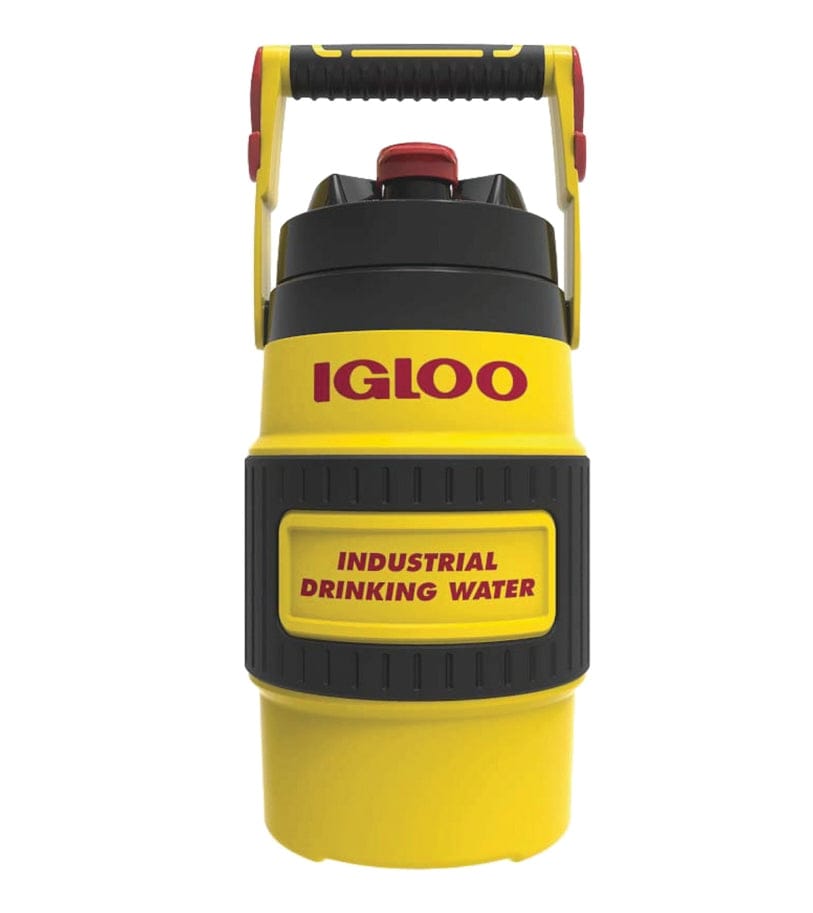 A high-visibility yellow and black beverage jug with red accents, featuring a sturdy swing-up handle, a flip-top spout, and the Igloo logo prominently displayed on the front.