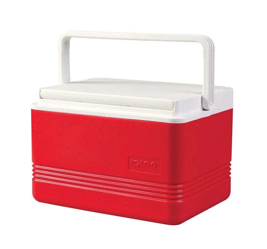 A studio photograph of the Igloo Legend 9-quart personal cooler, featuring a rectangular red body with horizontal ridges at the base, a flat white lid, and a white integrated swing-up bale handle.