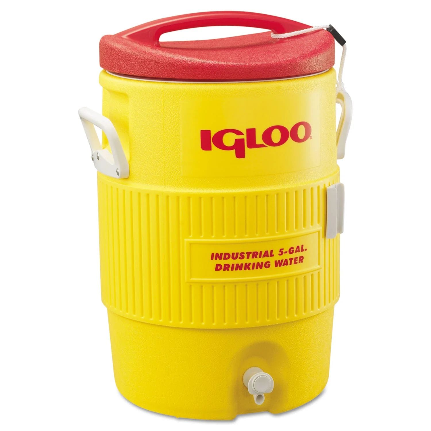 A three-quarter studio photograph of the high-visibility safety orange Igloo 5-gallon seat top beverage cooler, featuring its white pressure-fit insulated lid with a securing cord, side-mounted carrying handles, centered Igloo Drinking Water product label, and bottom push-button spigot faucet dispenser against a solid white background.