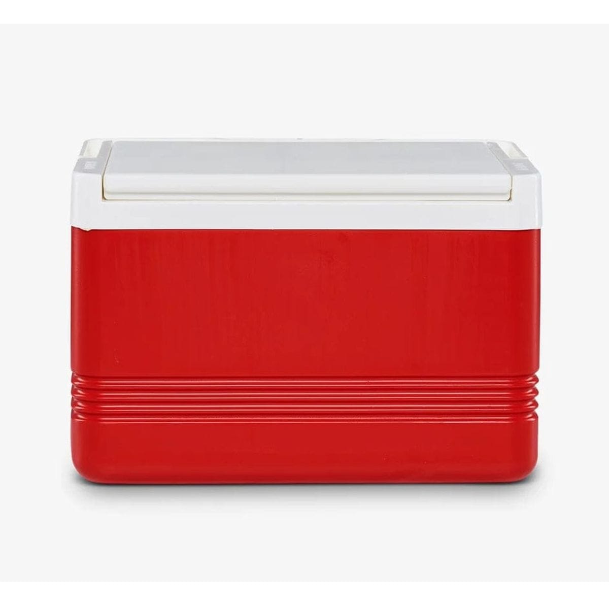 Red and white Igloo Legend personal cooler with horizontal ridges near the base. Compact rectangular design with white lid, suitable for portable cold storage.