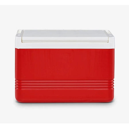 Red and white Igloo Legend personal cooler with horizontal ridges near the base. Compact rectangular design with white lid, suitable for portable cold storage.