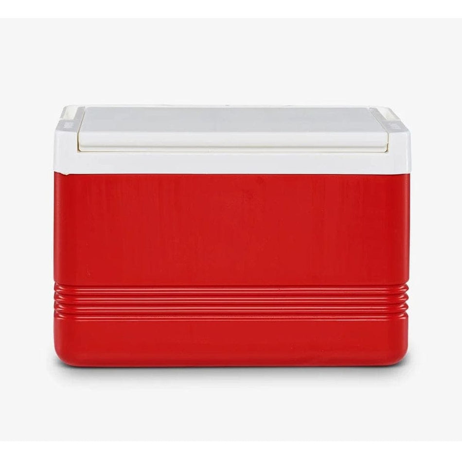 Red and white Igloo Legend personal cooler with horizontal ridges near the base. Compact rectangular design with white lid, suitable for portable cold storage.