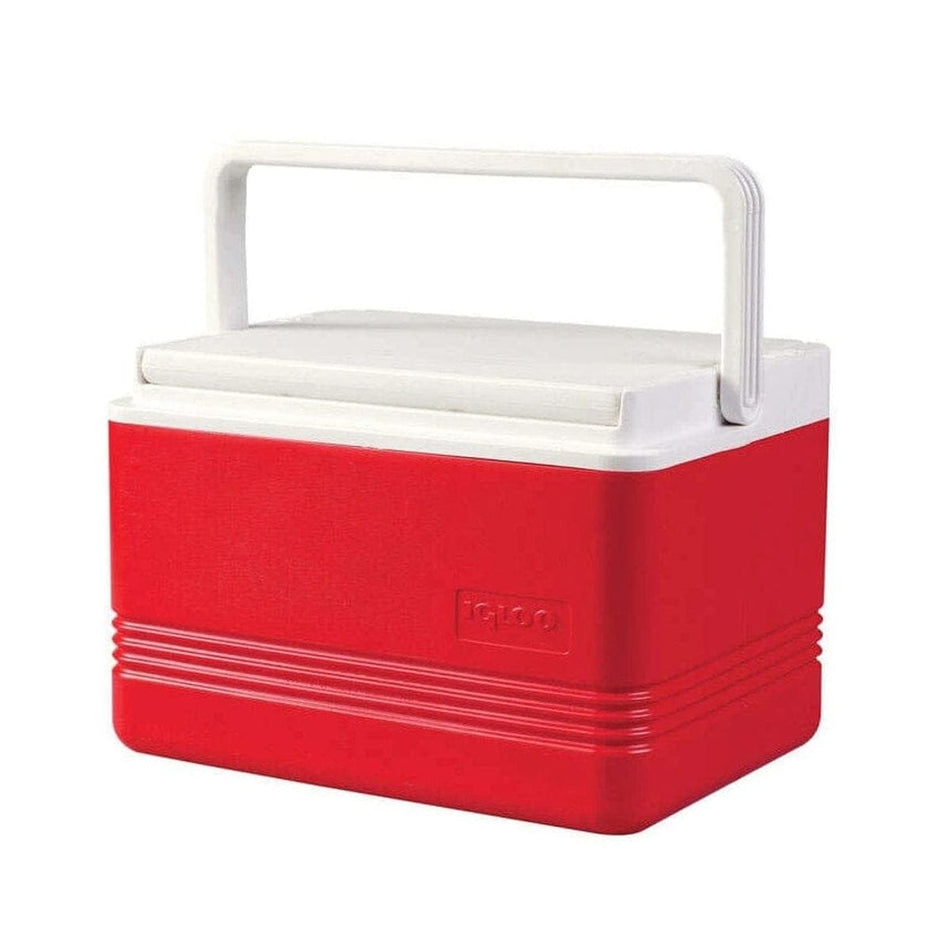 A studio photograph of the Igloo Legend 9-quart personal cooler, featuring a rectangular red body with horizontal ridges at the base, a flat white lid, and a white integrated swing-up bale handle.