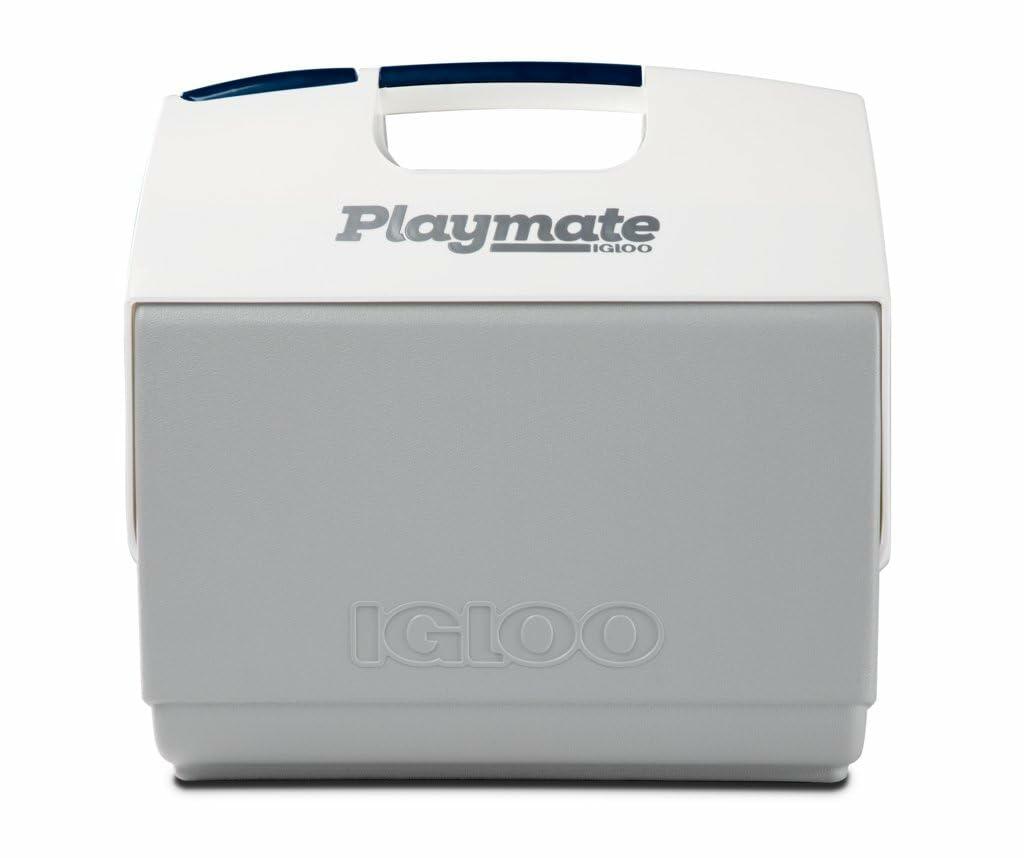 Igloo Playmate Elite cooler with white top and gray base. Features molded handle and push-button lid that opens sideways. Branding includes “Playmate” and embossed “IGLOO.”